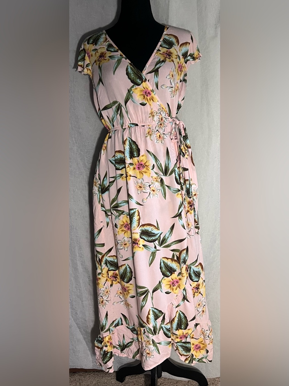 Floral Pink & yellow Wrap maxi Dress with Tie Waist